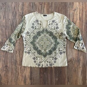 Vtg Tangents 3/4 Sleeve Bohemian Shirt Green Floral No Size Fairy Whimsical Y2K
